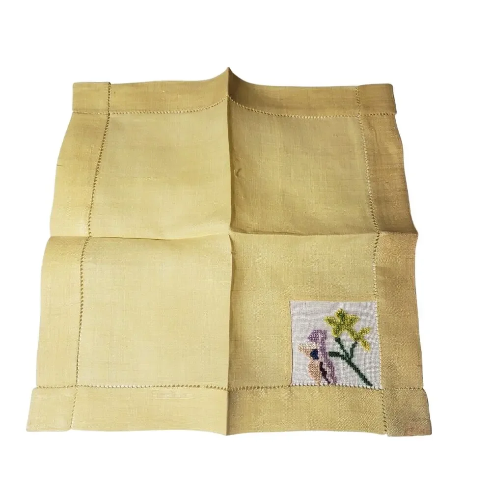 Vtg 1960'S Hankie Yellow Purple Flower Embroidered Cottage Pocket Scarf Grandma